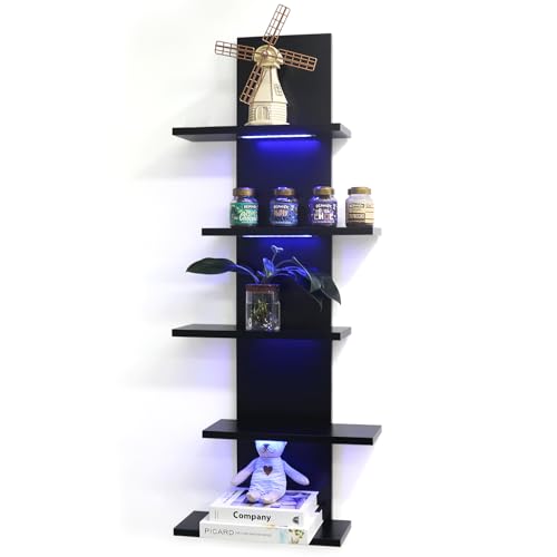 VIWODS 5 Tier Wall Shelf Unit-Black Floating Shelves with Light
