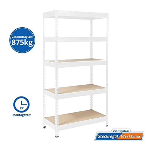 KARAT Estantería para cargas pesadas para garaje, sótano, taller, estantería con ranuras, estantería de almacenamiento, estantería esquinera, estantería para neumáticos, estantería de rejilla (blanco, - imagen 4