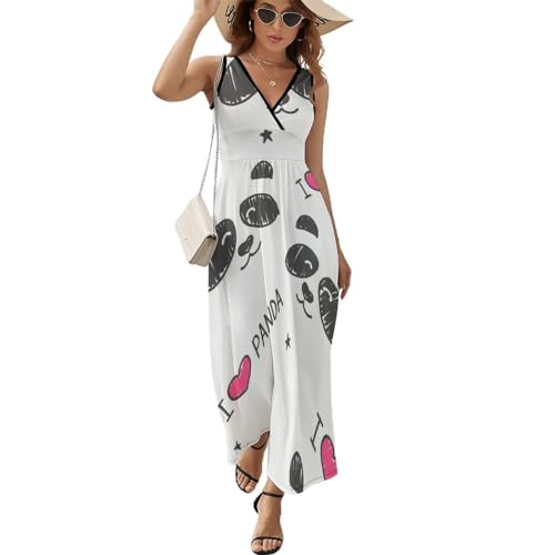 Robe longue d'été sans manches au motif panda mignon avec col V profond décontracté