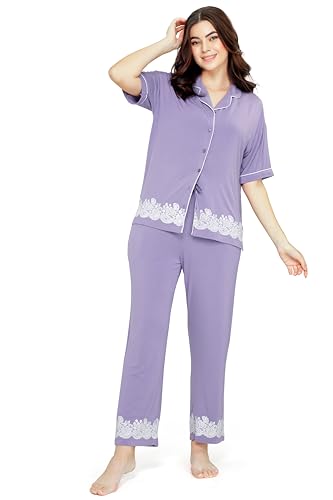 Image of ZEYO - Women's Viscose Floral Printed Night Suit Set of Shirt & Pajama Set