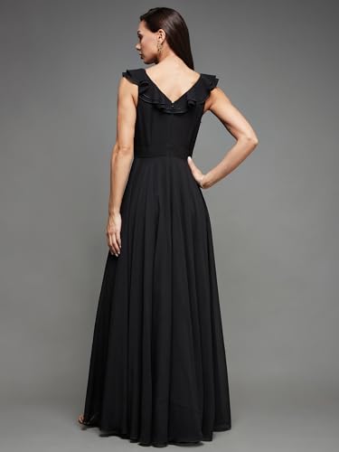 Image of Miss Chase Women's Round Neck Sleeve Embellished Fit Flare Maxi Dress