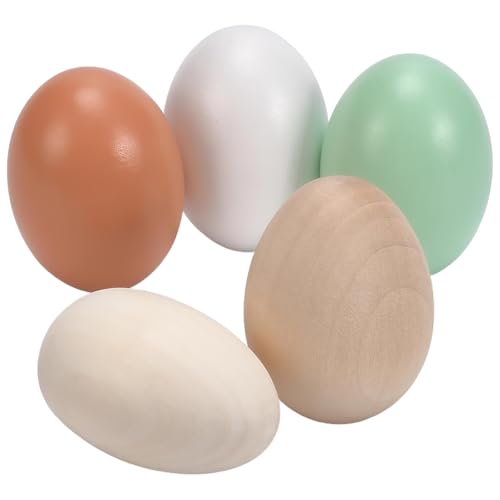 SOFPLATE 5 œuf Factice de Pâques en Bois Lot de 5 couleurs Blanc et Beige Imitation Bois pour Poule Pondeuse Fausse Nourriture Bricolage Nichoir Décoration de Pâques Peinture Projection Artistique Adu