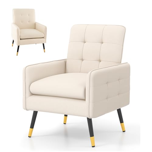 Multigot Modern Accent Armchair, Upholstered Linen Fabric Leisure Chair with Solid Metal Legs and Adjustable Foot Pads, Resting Single Sofa Chair for Living Room Bedroom Office (Beige)