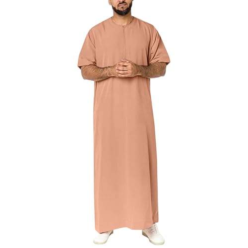 Thobe for Men Round Neck Half Zipper Muslim Kaftan Middle Arab Mens Caftans Casual Short Sleeve Long Gown Dress