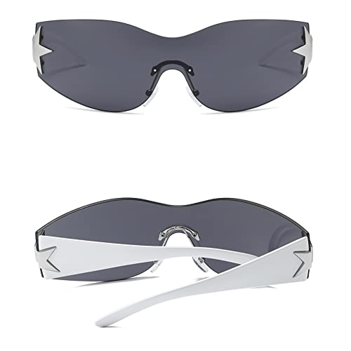 Image of Y2K Sunglasses for Women Men, 2000s Fashion Shield Wrap Around Y2K Glasses Rimless Oversized One Piece Lenses