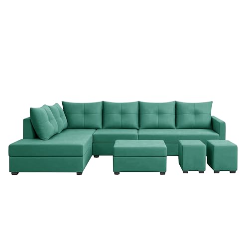 Image of Wood 8 Seater Sofa Set with Ottoman & Stools | Velvet Fabric Upholstery | Modern L Shape Wooden Frame Couch for Living Room, Home & Office (Green)