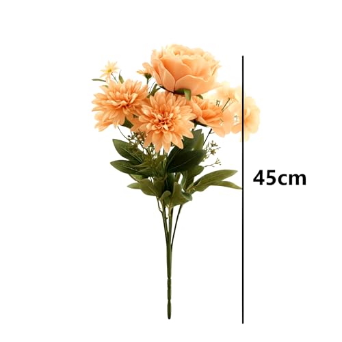 Image of Artificial Flower Bouquet - Orange Silk Roses, Peony & Mixed Flowers with Green Leaves | Realistic Faux Floral Arrangement for Home Decoration, Wedding, Party & Gift