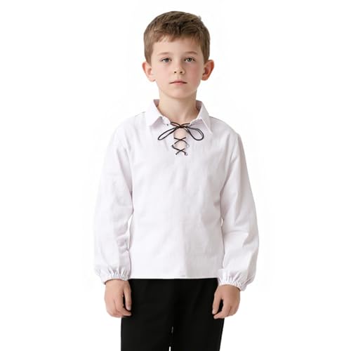Camisa medieval con cordones para niños, manga larga, malla ancha