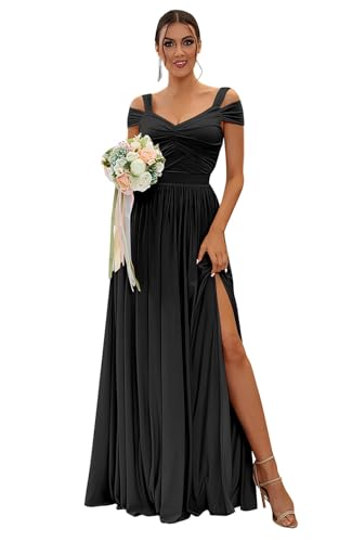 Image of SOLODISH Off The Shoulder Bridesmaid Dresses Long Chiffon Formal Evening Dresses for Women