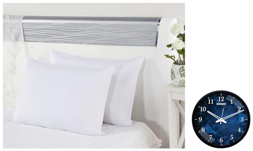 Image of Amazon Brand - 12-inch Contemporary Plastic & Glass Wall Clock - Designer (Silent Movement, Black Frame) & Amazon Brand - Microfibre & Polyester 2-Piece Bed Pillow Set - 40 x 60 cm, White
