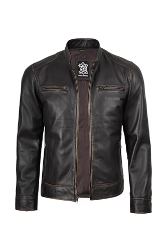 Image of fjackets Mens Leather Jacket - Real Lambskin Cafe Racer Jacket Stand Collar Moto Biker Zip Jacket For Men