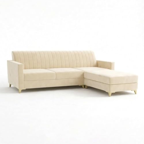 Image of CASASTYLE Groovy 4 Seater L Shape Sofa Set with Movable Ottoman | Flexible Left or Right Layout | Cozy Velvet Fabric | Soft Touch Seating | Modern Designer Sofa for Living Room (Cream)
