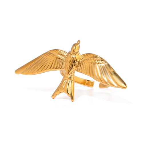 Big Bird Statement Ring for Women Gold-Toned Titanium Steel Exaggerate Large Wings Adjustable Open Band Wrap Finger Rings Comfirm Fit Vintage Animal Jewelryfor Wedding Holiday