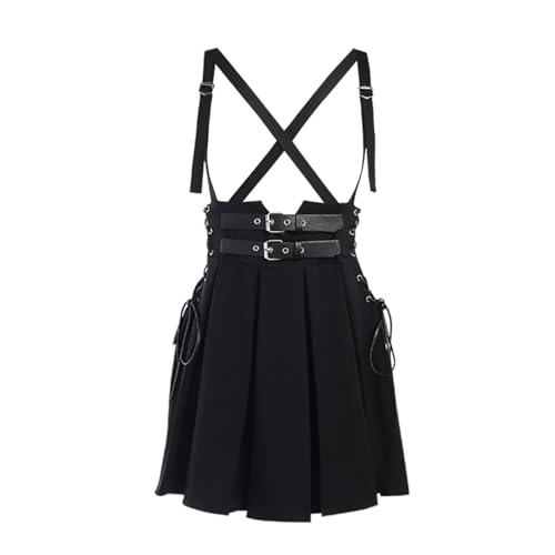 YINGWIN - Jupe plissée à bretelles avec ceinture Lolita de rue, mini jupe à bretelles Steampunk Y2K pour femmes et adolescentes, Noir , L