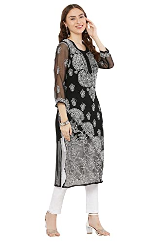 Image of FAWOMENT Women's Designer Straight Georgette Hand Embroidered Lucknowi Chikankari Kurta Designed in Side Jhaar Pattern Alongwith Slip