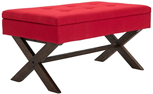 CLP Banquette Namaro en Tissu I Banc avec Pieds Carrés en Bois De Caoutchouc I Bout De Lit avec Espace De Rangement, Couleur:Rouge, Couleur du Cadre:Antique