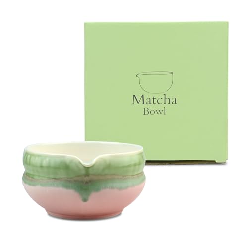Matcha Schale aus Keramik mit Ausgießer Japanische Matcha-Tee-Rührschüssel mit Geschenkbox Handgefertigt Aquarell Teeschale für Teezeremonien und Matcha-Zubereitung für Büro Teestube Grün/Rosa