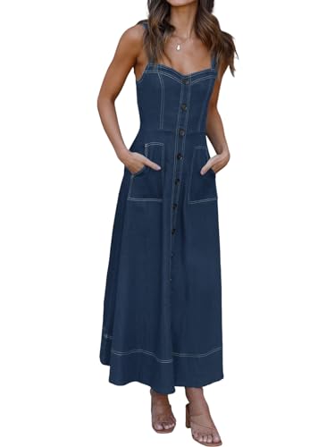 Fisoew Womens Denim Maxi Dress Casual Summer Spaghetti Strap Sleeveless Long Jean Dresses2