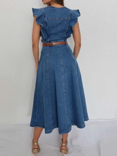 utcoco Denim Dress for Women 2025 Sleeveless Half Button Ruffle A Line Midi Jean Dresses (No Belt)4