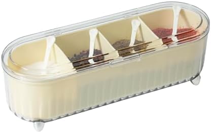 Clear Seasoning Box with 4 Compartments - Spice Organizer with Lids and Spoons - Condiment Container Set for Salt, Sugar, Pepper, and More - Countertop Spice Storage