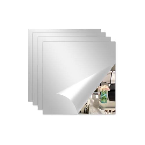 Abyssaly 4 Piezas Espejo Adhesivo pared Armario, Espejos Decorativos de Pared Cuadrada Flexibles, Pegatina pared Sala de Estar, Dormitorio, Puerta 20cm x 20cm