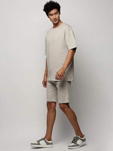 Image of SHOWOFFFF Men Solid Two-Piece Co Ords | Round Neck Half Sleeves Cotton Co Ords for Mens | Mid-Rise Regular Fit Above Knee Co Ords for Men's