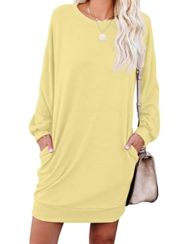 PrinStory Damen Pullover Kleid Lässig Rundhals Winterkleider Weich Tuinc Tops Basic Sweatkleid Langärm Freizeitkleider Mit Taschen (Buttergelb, L)