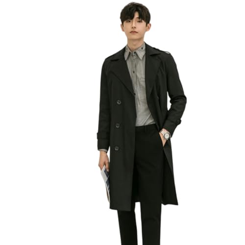 Trench long de mi-saison noir homme coupe décontractée veste double boutonnage