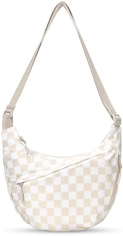 Lushandy Nylon Checkered Crossbody bag, Crescent Bag 6 Pockets Lightweight Hobo Shoulder Purse Luna Bag for Daily Travel