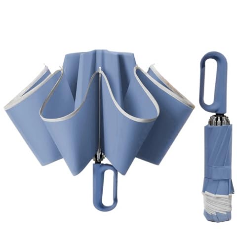 Meichoon Paraguas de Viaje Invertido Portátil de Gran Tamaño Plegable con Diseño de Gancho Rotatorio Inteligente y Franja Reflectante Impermeable y a Prueba de Viento de Nanotecnología Azul