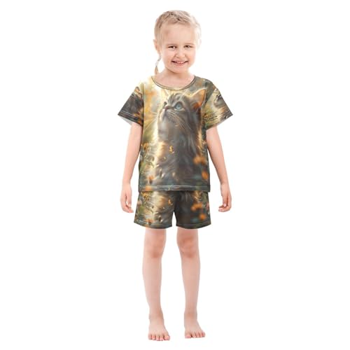 ALAZA Beautiful Butterfly Cat Kitten Flower Pajamas Set Short Sleeve Cotton Sleepwear Summer Pjs 2 Piece 5-14Y3