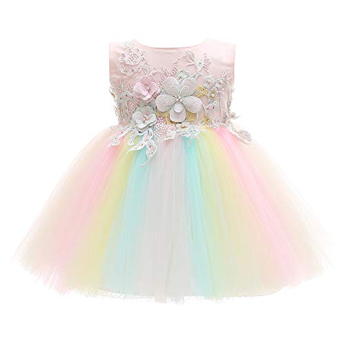 Xangirl Baby Girls Party Dress, Rainbow Tulle 3D Embroidery Beading Princess Tutu Dresses Wedding Pageant Party Birthday Formal Dress for 12-15 Months Baby Girl