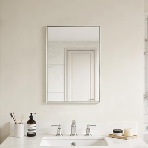 Image of Bathroom Mirror for Wall, 24x16 Inch Framed Vanity Mirror Brushed Nickel