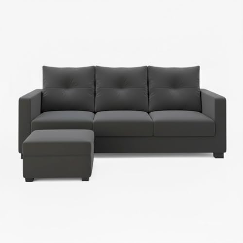 Image of FURNY Amonster 4 Seater L Shape Sofa Set with Movable Ottoman | Flexible Left or Right Layout | Plush Velvet Fabric (Dark Grey) | Perfect for Living Room, Guest Room & Office