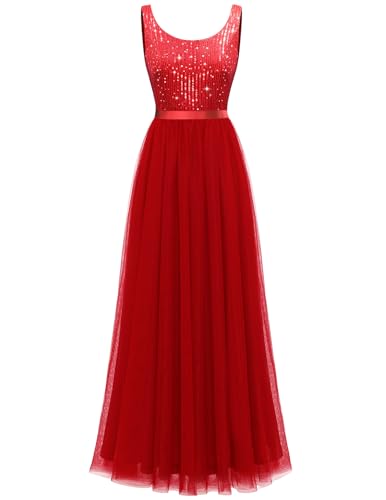 Image of BeryLove Sequin Dress for Woman Vintage A Line Wedding Formal Swing Mesh Dress Sleeveless Cocktail Maxi Gowns