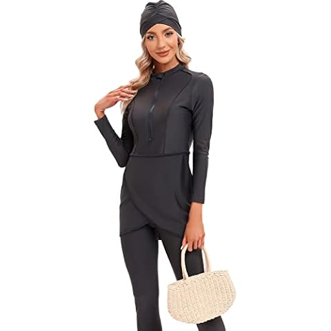 seafanny Womens' 3 Pieces Muslim Swimwear Full Cover Hijab Burkini Modest Swimsuit(Gray 12-14) XL Cover