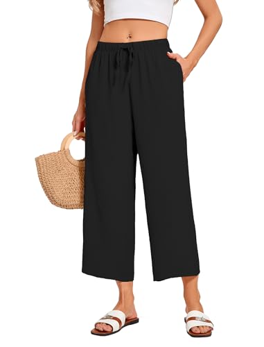 TYFAON Palazzo Pants for Women Casual Wide Leg Cropped Beach Pants Loose Boho Flowy Trousers with Pockets Summer Outfit 2026(Black Large)