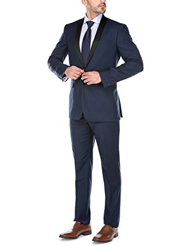 CHAMA Men's 2 Piece Tuxedo Suit Slim Fit Shawl Lapel 1 Button Single Breasted Tuxedo Suit, Mens Wedding Suit (34 Regular /28 Waist, Blue)