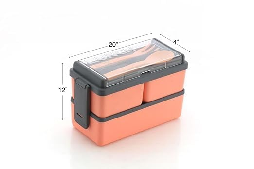 Image of Double Decker 3 Compartment Lunch Box for School & Office, Lunch Box with Cutlery and Lid,Microwave Safe Lunch Boxes | Peach Orange -1400 ML