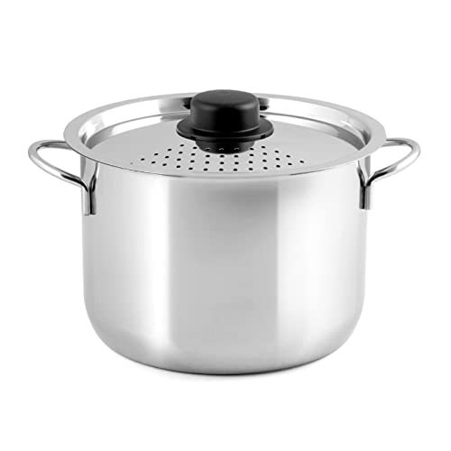 INOXPRAN - Cuociscola Inoxpasta in Acciaio Inossidabile, con Coperchio da 22 cm, con Fori, Utilizzabile nel Gas, Piastra Elettrica e Vetro Ceramica, Lavabile in Lavastoviglie