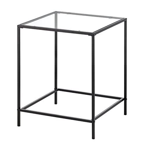 mDesign Mesita Auxiliar versátil y Minimalista – Mesa Auxiliar de Metal y Cristal para Colocar Todo Tipo de Objetos – Mesa de Centro Ideal para el salón o el Dormitorio – Transparente/Negro