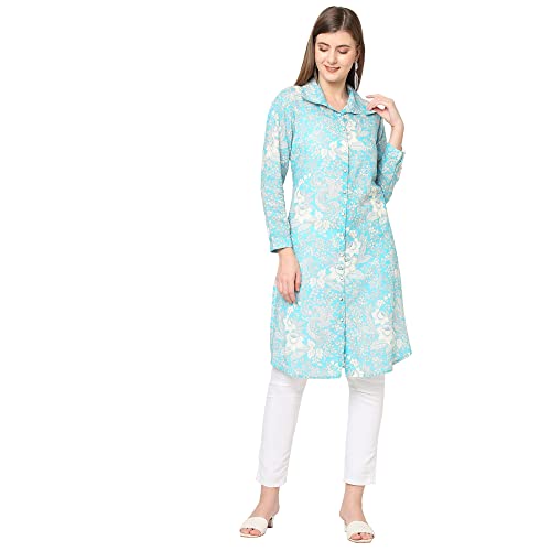 Image of CLOTH HAUS INDIA Floral Printed Shirt Collar Modal Kurti