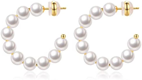 Pearl Hoop Earrings for Women Small Pearl Hoop Earrings,14K Gold Plated Lightweight Open Large Circle Round Pearl Earrings Jewelry Birthday Gift for Women Girls