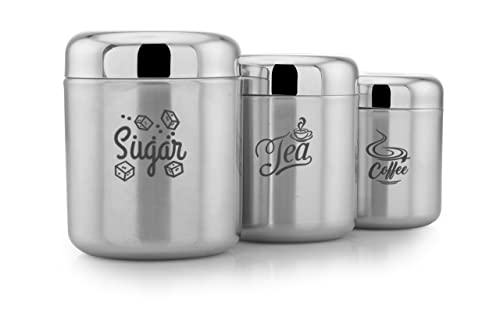 Image of Expresso Stainless Steel Vintage Tea Coffee Sugar Canisters, Set of 3, Big Size; Approximate Capacity: Sugar - 1400 ml, Tea - 1000 ml, Coffee - 700 ml