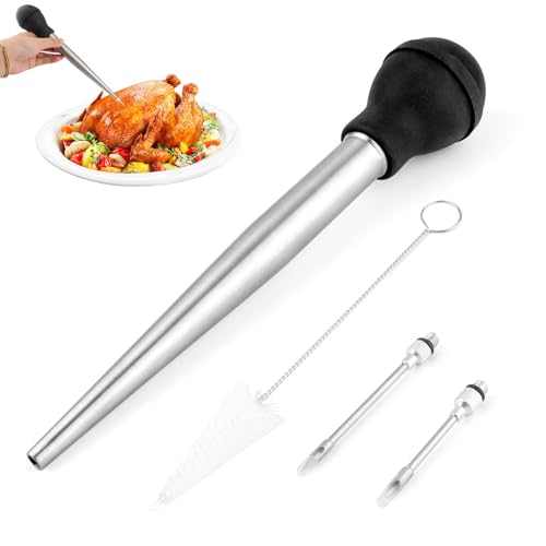 304 Stainless Steel Large Turkey Baster for Cooking,Food Grade Baster Syringe and Silicone Suction Bulb,with 2 Detachable Needles1 Cleaning Brush,for Kitchen,BBQ,Grill Baking,Meat Injection (Black)