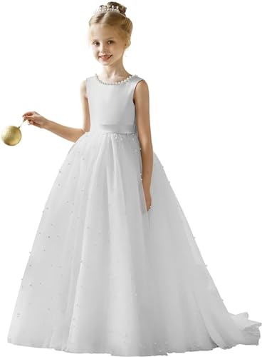 GZCYL Simple Pearls Flower Girl Dresses for Wedding First Communion Ball Gowns Christmas Dresses for Girls