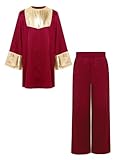 Xroufi Kids Boys Praise Worship Dance Outfits Metallic Gold Liturgical Pullover Top with Satin Wide Leg Pants Burgundy 12 Years
