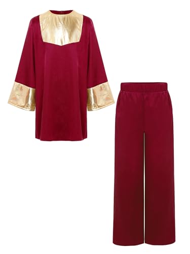 Xroufi Kids Boys Praise Worship Dance Outfits Metallic Gold Liturgical Pullover Top with Satin Wide Leg Pants Burgundy 12 Years