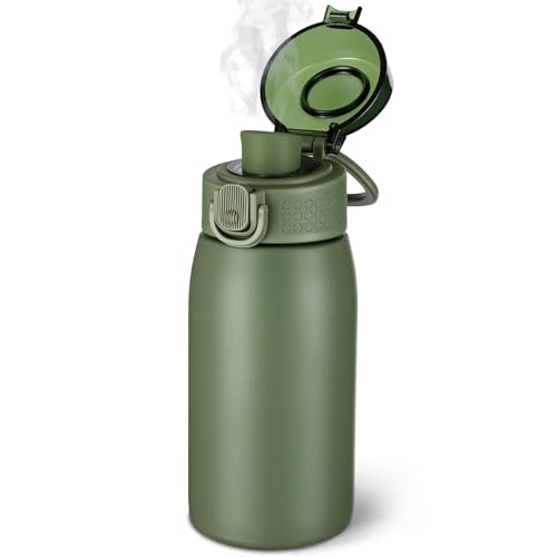 Image of Insulated Water Bottle 12 oz with Dustproof Lid, Carry Handle & Tea Infuser, BPA-Free & Leakproof, Stainless Steel Water Bottles Ideal for Fitness, Hiking, Office & Outdoor Use (Olive Green )