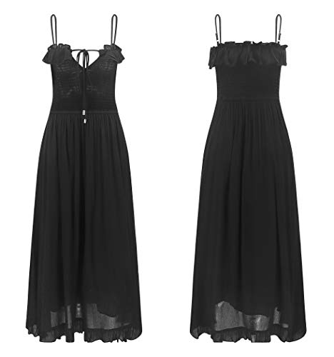 R.Vivimos Womens Summer Cotton Spaghetti Straps V-Neck Ruffle Casual Boho Midi Flowy Dress (Large, Black)